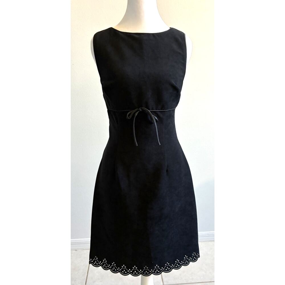 VTG 90s Black Suede Modest Mini Dress Preppy Whimsy Goth Fairy Tie Waist USA 7/8